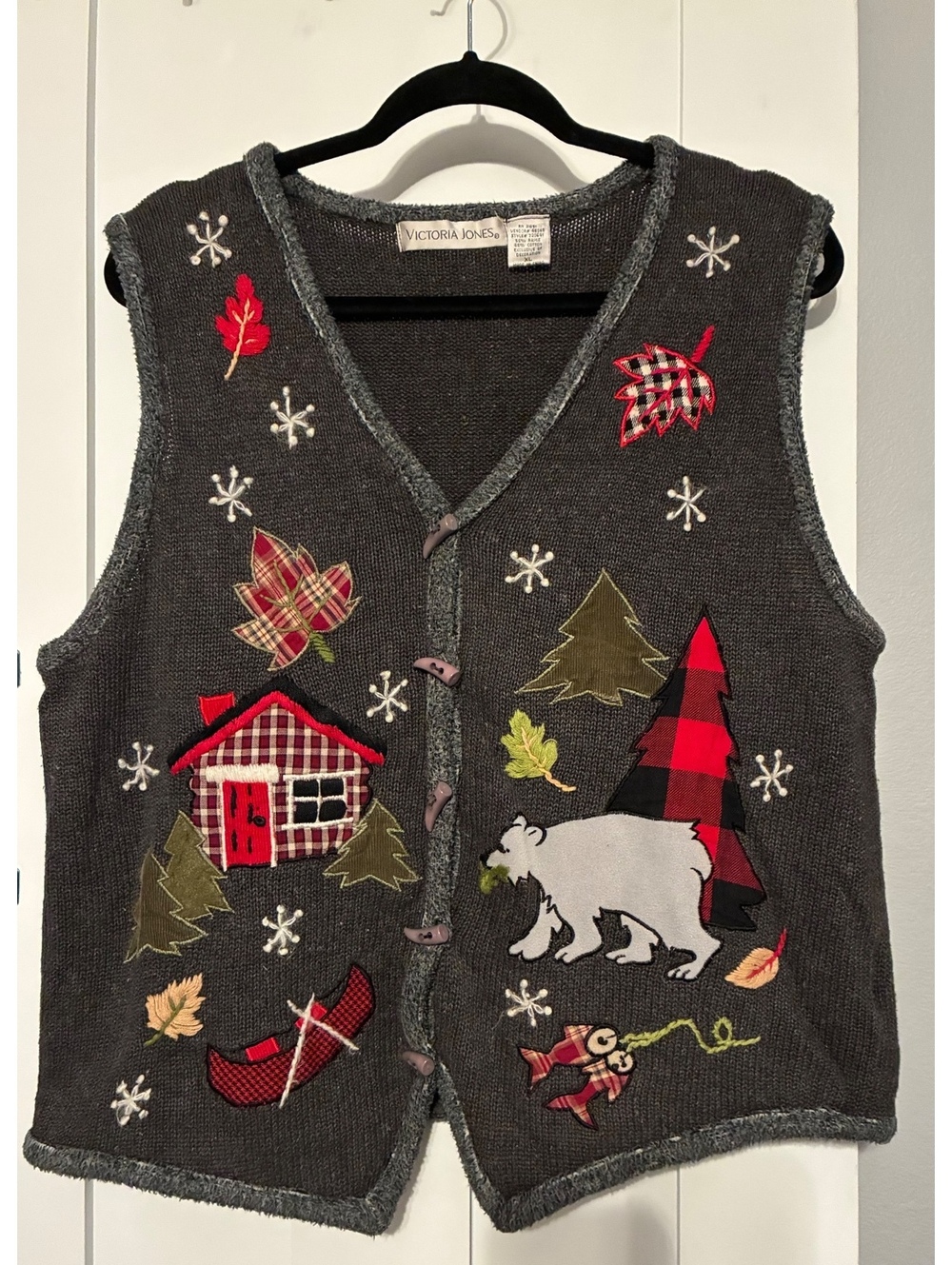 Vintage Victoria Jones Cabin Life Winter Polar Bear Applique Sweater Vest Sz XL